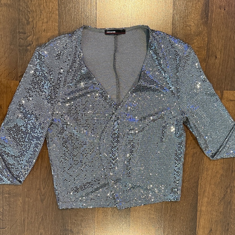 Love Culture Sparkling Silver Sequin Cropped Jacket / Cardigan (small, see ad) - Picture 4 of 14